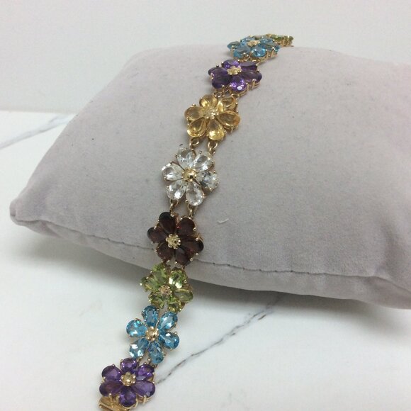 14k Yellow Real gold Multi Color CZ Flower lady bracelet 7''  18.50gr - Picture 1 of 10